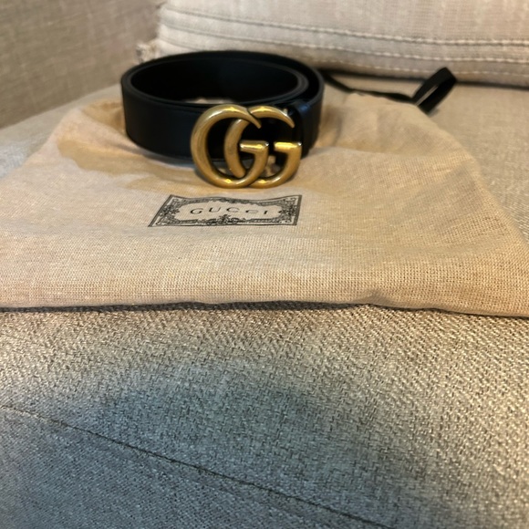 Authentic Gucci Black Leather Belt with Gold GG Buckle
